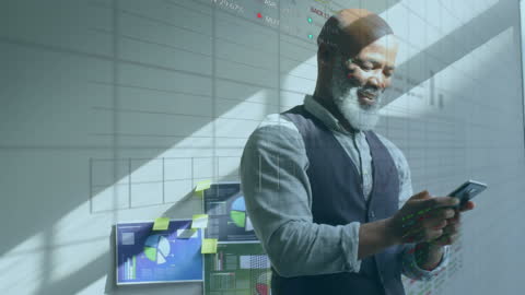 Businessman Utilizing Smartphone in Office with Data Visualization