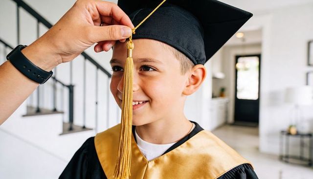Smiling boy wearing graduation cap with gold tassel being adjusted in home foyer