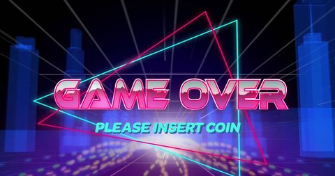 Retro Game Over Screen with Futuristic Neon Triangles
