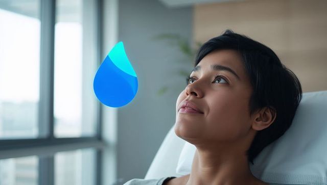 Reclining woman gazing at blue droplet hologram in minimalist clinic interior for wellness