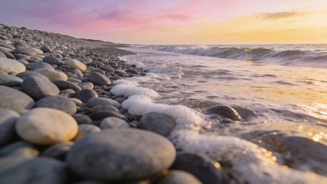 Sunset pebble beach with smooth rounded stones and foamy surf reflecting pastel sky