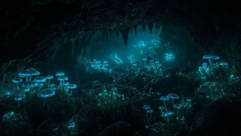 Mystical Underground Cavern with Glowing Blue Mushrooms