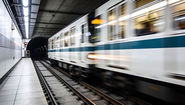 Metro train racing through underground station platform with motion blur