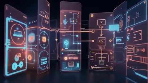 Futuristic Digital Interface with Neon Flowcharts and Data Connections