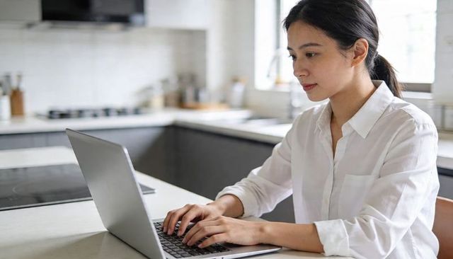 Asian woman working on laptop in modern minimalist kitchen, remote work and focused productivity