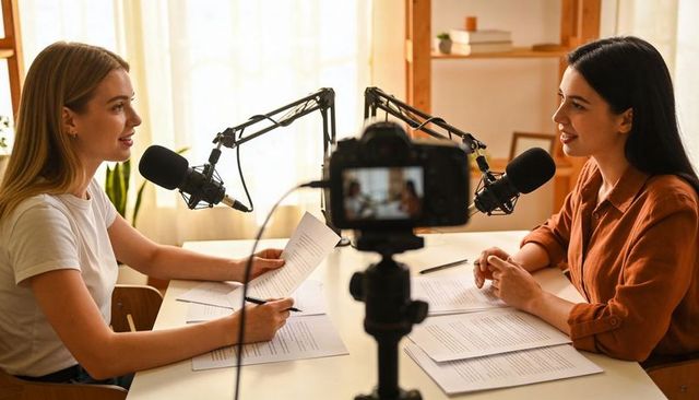 Two cohosts recording conversational podcast in cozy home studio with pro mics and camera