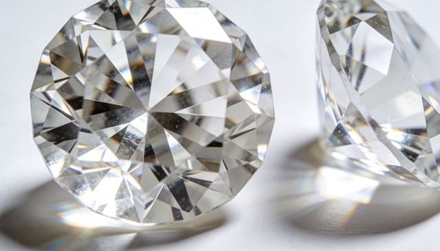 Round brilliant-cut crystal gems reflecting prism light with rainbow dispersion macro