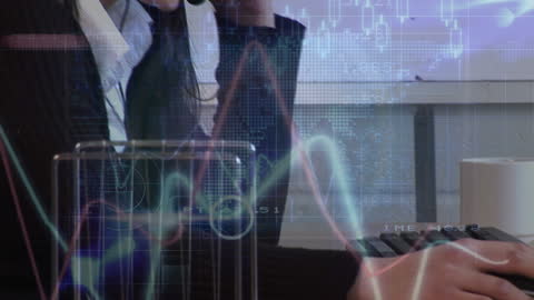 Professional at Desk Analyzing Digital Data with Graphics Overlay