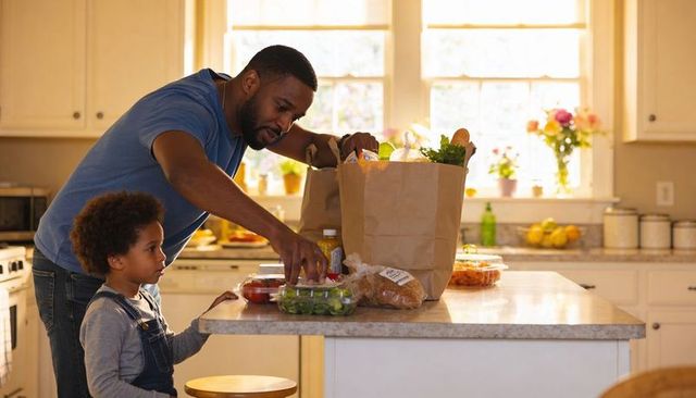 Father unpacking groceries with child at kitchen island, sunlit morning routine