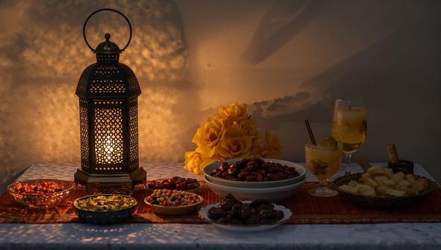 Ornate lantern casting patterned light over table with dates, nuts and warm drinks