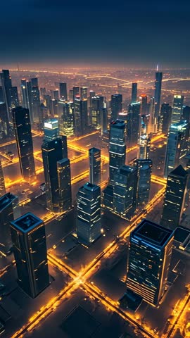 Drone descending over futuristic neon city grid at night capturing glowing skyline