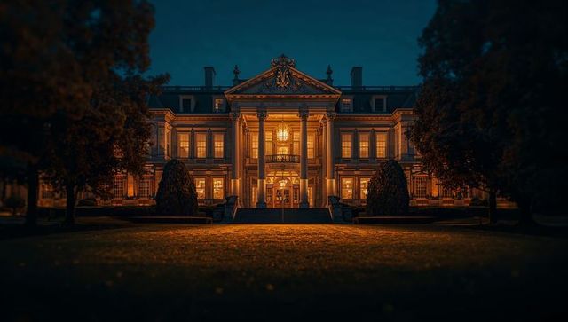 Illuminating neoclassical mansion at night with glowing portico and chandelier