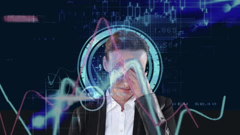 Stressed Businessperson Amid Digital Data Chaos