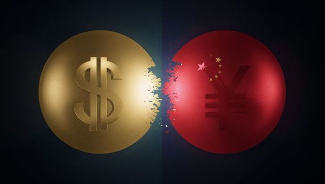 Colliding gold dollar and red yuan with shards and five-star motif signaling economic clash