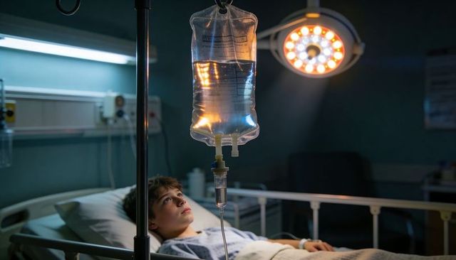 Young boy lying on hospital bed receiving iv drip under surgical lamp, pediatric care