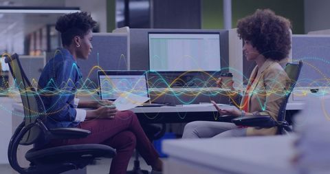 Collaborative Teamwork in Modern Business Office Environment with Data Overlay