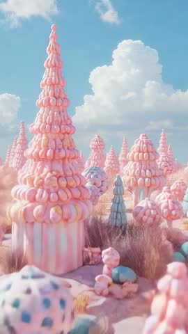 Panning Through Candy Forest with Pink Conical Trees, Pastel Mushrooms and Dreamy Sky
