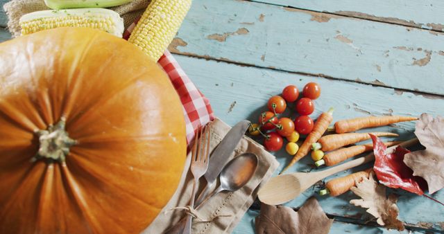 Close up view of pumpkin, multiple food ingredients and cutlery on wooden surface. food and restaurant concept