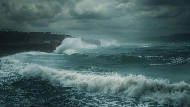 Dramatic Ocean Waves Crashing Against Breakwater