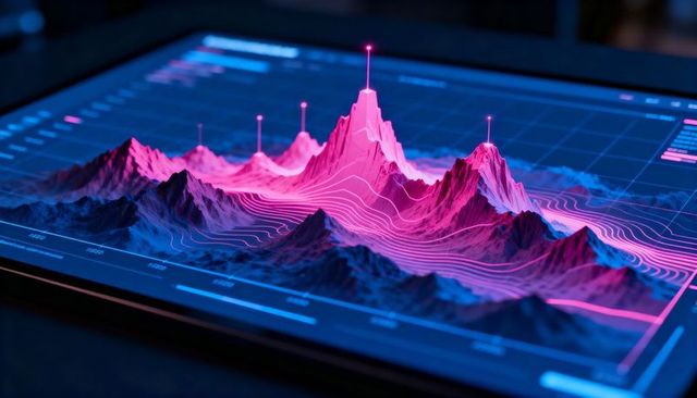 Displaying neon 3d topographic visualization on tablet with glowing peak markers