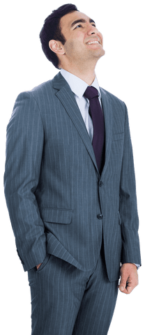 Caucasian Businessman in Pinstripe Suit Looking Up on Transparent Background