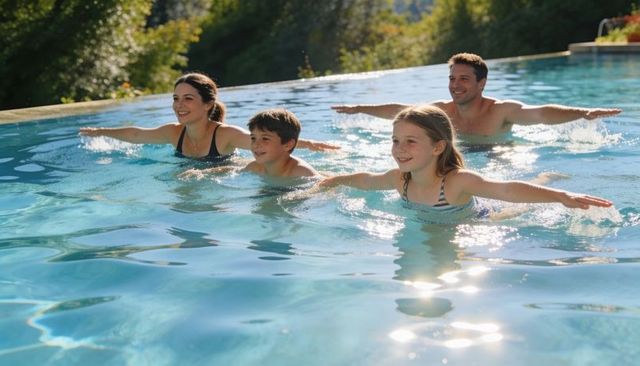 Family swimming in infinity pool on sunny vacation with parents guiding children outdoors
