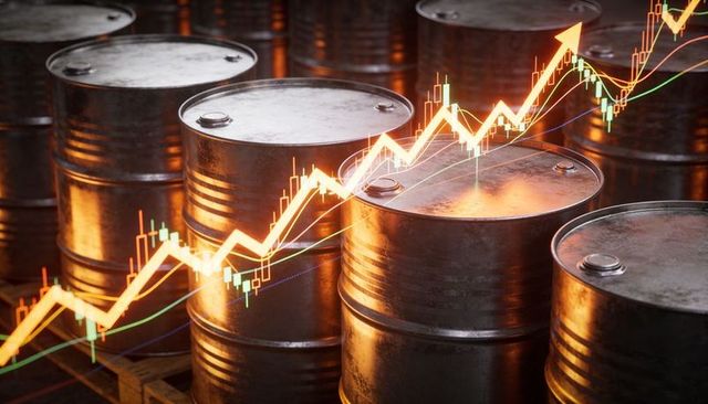 Crude oil barrels reflecting warm light with rising financial chart overlay