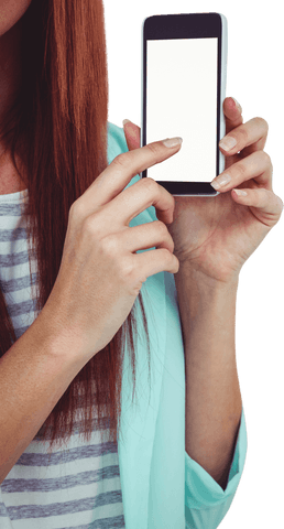 Hipster woman holding transparent smartphone with focused finger gesture