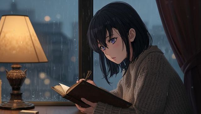 Introspective Teen in Cozy Setting Writing by Rainy Window