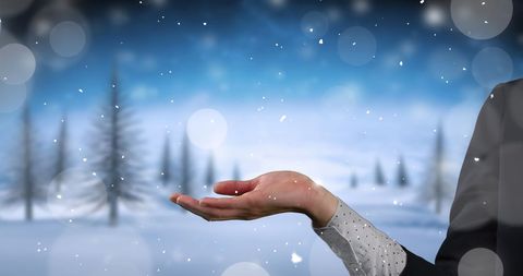 outstretched hand catching snowflakes in flight over winter landscape - Download Free Stock Images Pikwizard.com