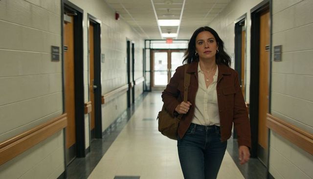 Young woman walking through school corridor carrying shoulder bag in rust jacket and jeans