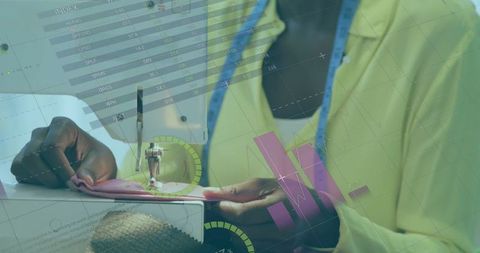 Seamstress Sewing Fabric with Data Overlay Reflecting Innovation