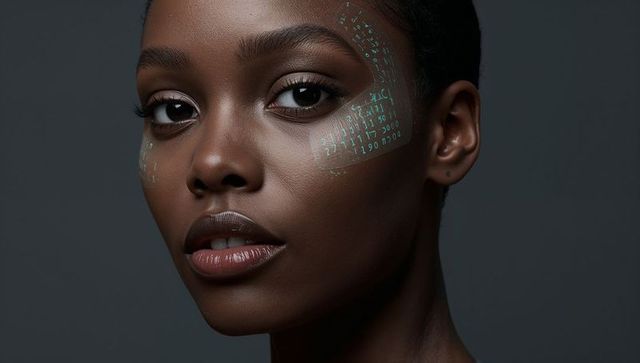 Black woman wearing teal holographic biometric cheek patches futuristic beauty portrait