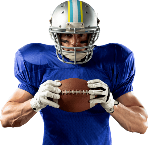 Transparent image of football player holding ball ready for game