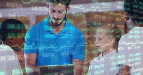 Business leader explaining stock market trends on digital tablet