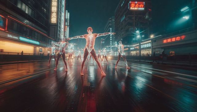 Futuristic Skeleton Dancers in Neon Urban Night