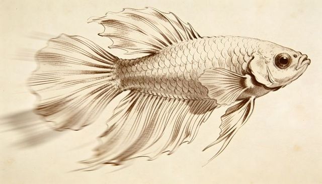 Sepia betta fish pen and ink sketch on aged parchment, vintage crosshatch ornamental study