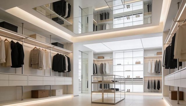 Showcasing luxury walk-in closet with backlit shoe wall, glass island, mirrored ceiling