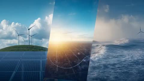 Showcasing solar sunrise and wind turbine triptych blending land grid and ocean energy