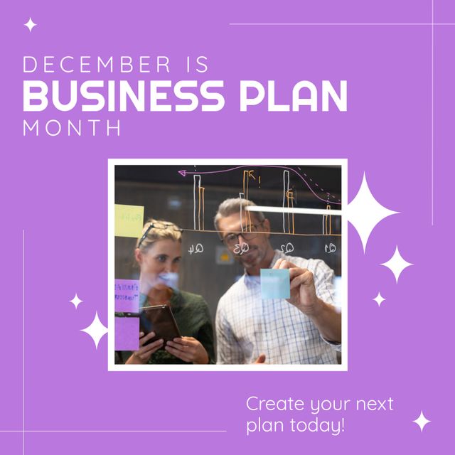 Create your next plan today text and caucasian coworkers writing on wall and discussing in office. December is business plan month, teamwork, planning, goals, growth, office and technology.