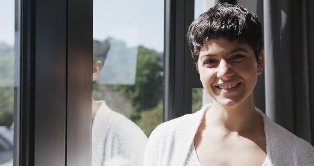 Smiling Woman with Short Hair in Natural Light - Download Free Stock Images Pikwizard.com