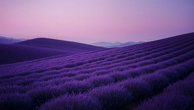 Majestic lavender fields at dusk under violet sky