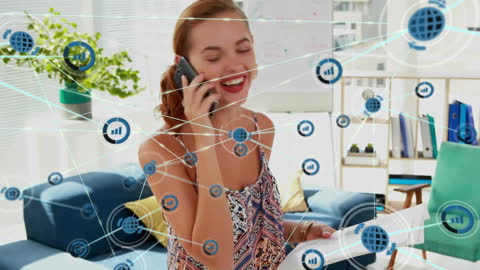 Woman Engaged in Business Call with Digital Network Overlay