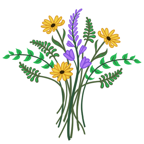 Transparent wildflower bouquet with yellow daisies and purple blooms