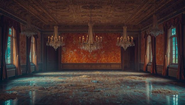 Elegant Ballroom with Vintage Charm Showing Signs of Decay