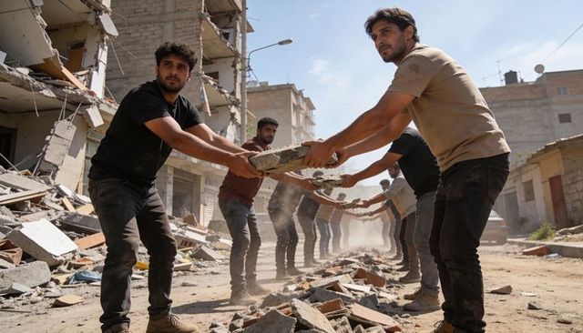 Volunteers forming human chain passing rubble in conflict-damaged urban street