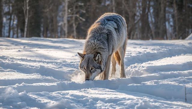 Gray wolf sniffing snow in sunlit winter forest clearing, breath fog visible