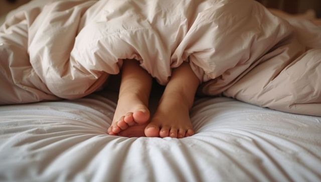 Feet peeking from under beige comforter on cozy bed