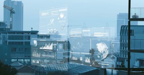Holographic data dashboards overlaying urban rooftop with futuristic analytics