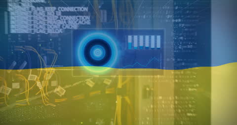 Digital Data Processing with Ukrainian Flag Graphic Overlay